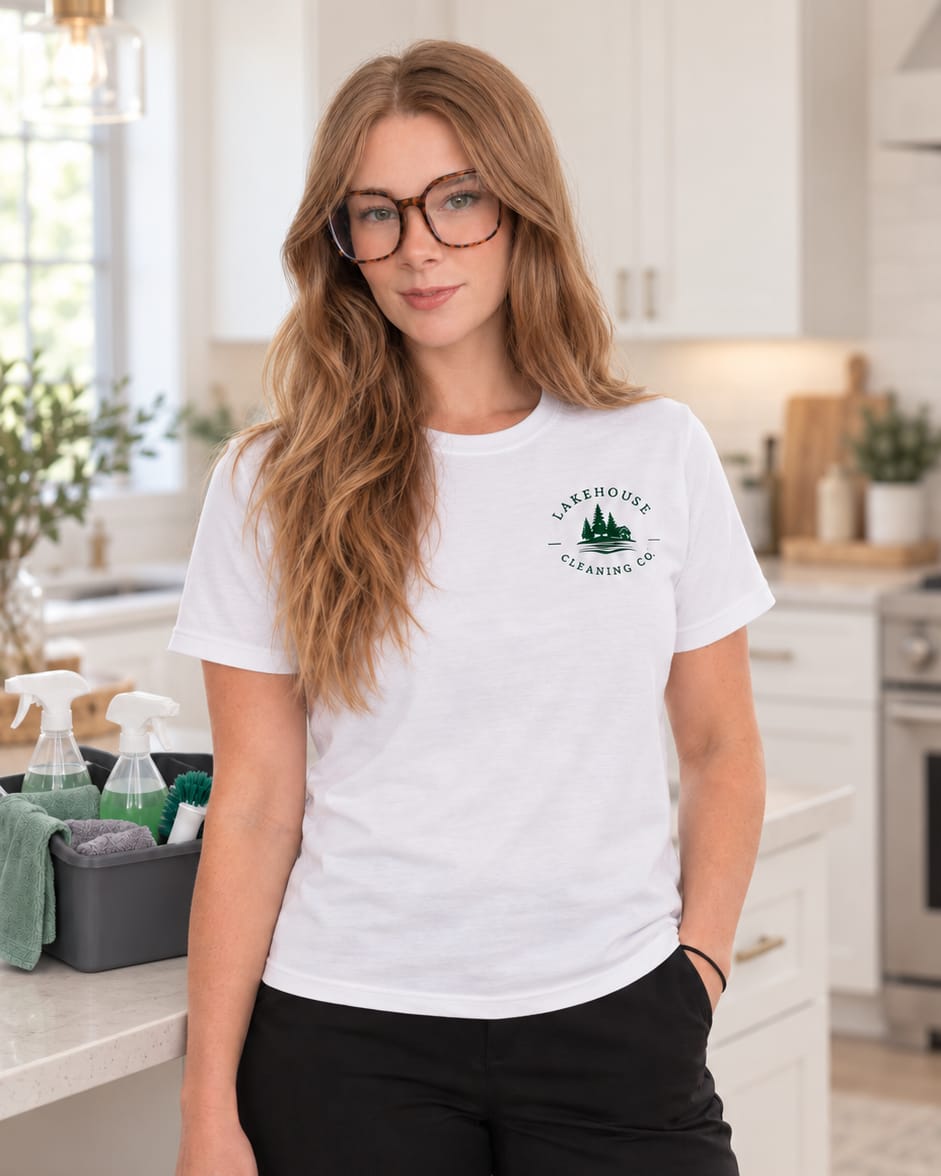 A Lakehouse Cleaning Co. shirt, worn in a bright white kitchen.